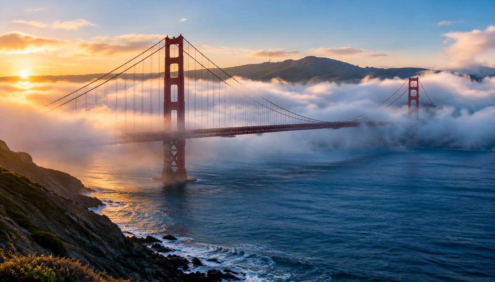 Golden Gate Bridge wrapped in morning fog, seen from the California shoreline at sunrise